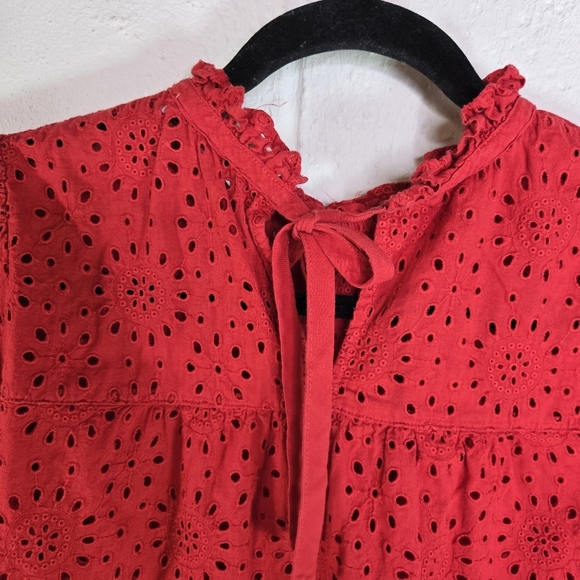 Madewell AJ939 Red Eyelet Tuffle Neck Keyhole Short Sleeve Blouse - Picture 4 of 6